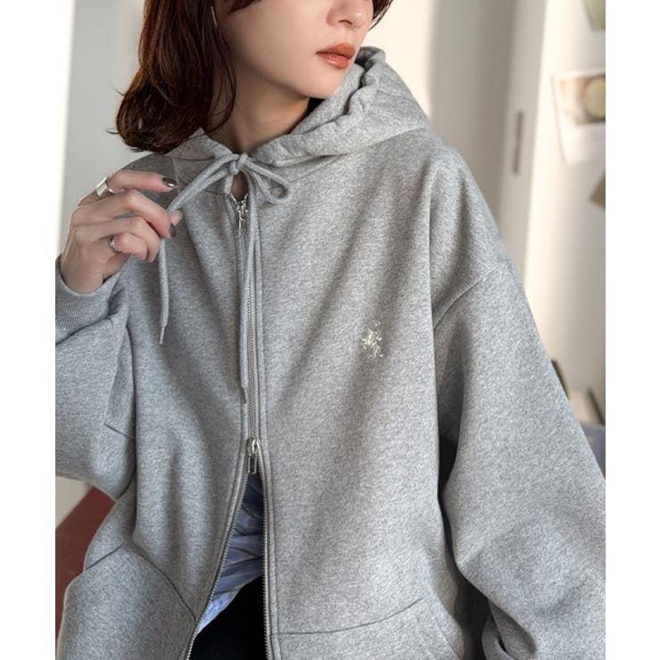 羽織って暖か、さらりと洒落感。胸元ワンポイント刺繍裏起毛ダブルジップパーカー | Classical Elf  | 詳細画像9 