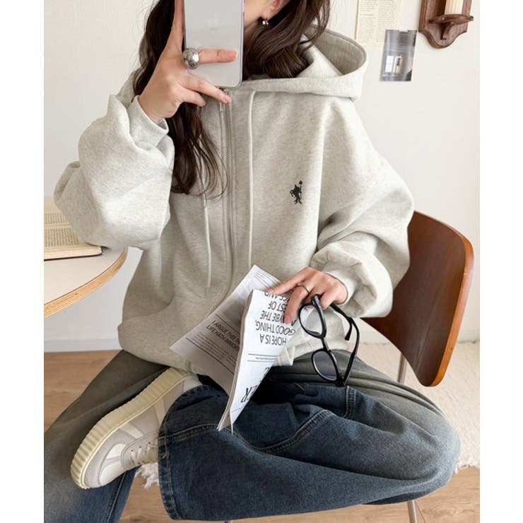 羽織って暖か、さらりと洒落感。胸元ワンポイント刺繍裏起毛ダブルジップパーカー | Classical Elf  | 詳細画像31 