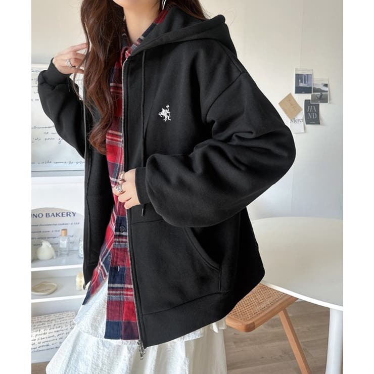 羽織って暖か、さらりと洒落感。胸元ワンポイント刺繍裏起毛ダブルジップパーカー | Classical Elf  | 詳細画像1 