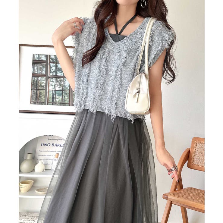 ブルー×チャコール | ヘルシーな肌見せで、あざと魅せ。フリンジニット×フレアーチュールワンピースセット… | Classical Elf 