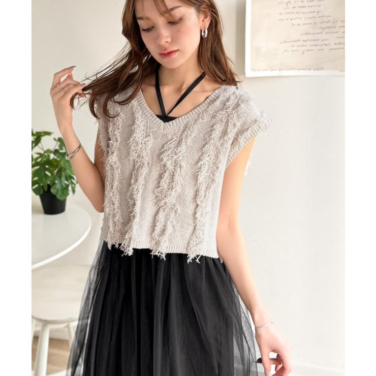 ヘルシーな肌見せで、あざと魅せ。フリンジニット×フレアーチュールワンピースセット… | Classical Elf  | 詳細画像2 