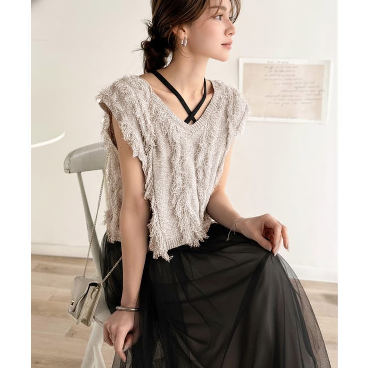 ヘルシーな肌見せで、あざと魅せ。フリンジニット×フレアーチュールワンピースセット… | Classical Elf  | 詳細画像3 