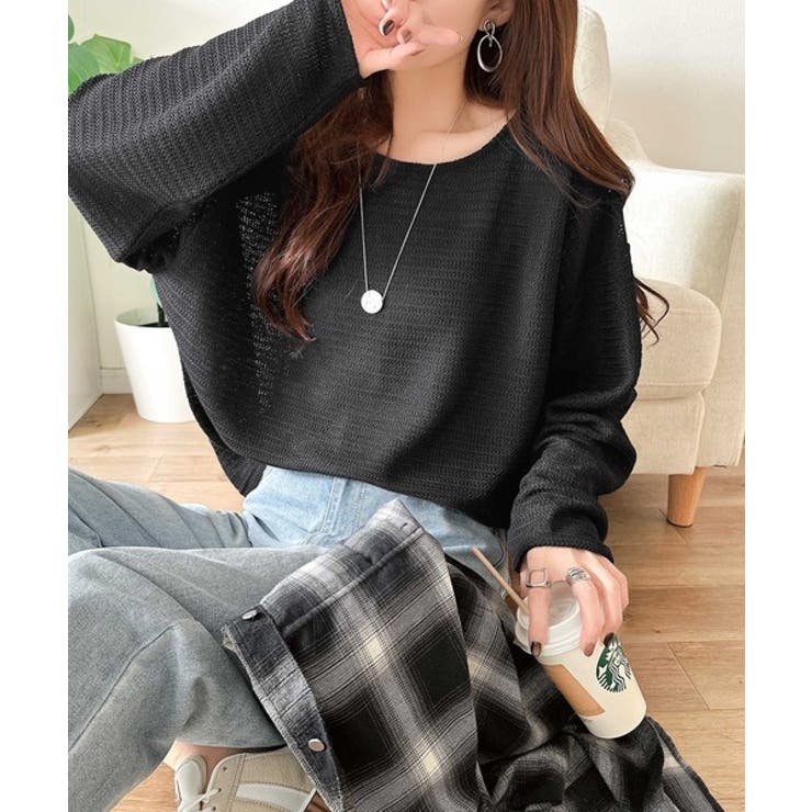 ブラック | 品のある透け感で、さりげない存在感を♪レーシージャガードドルマントップス(長袖) | Classical Elf 