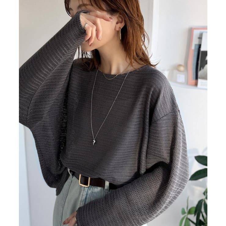 チャコール | 品のある透け感で、さりげない存在感を♪レーシージャガードドルマントップス(長袖) | Classical Elf 