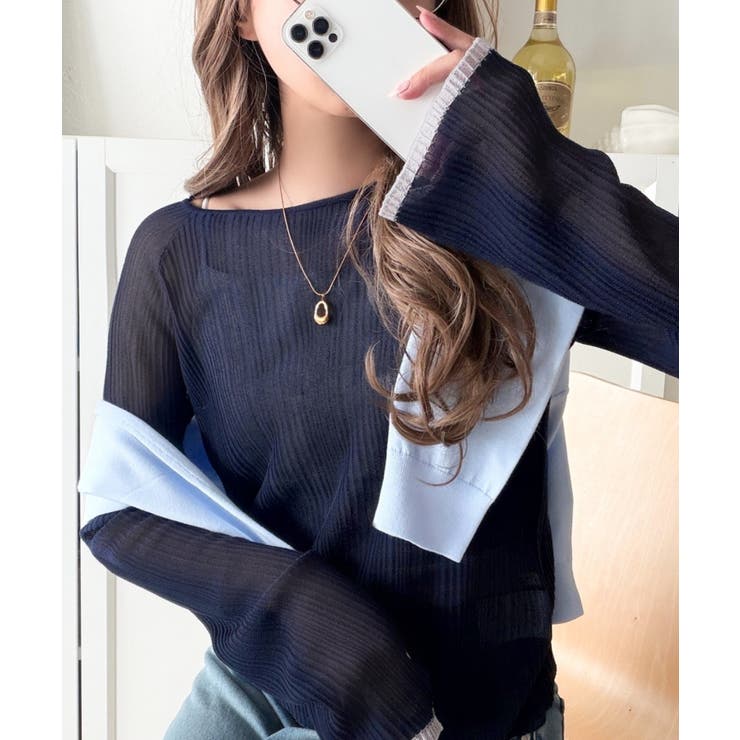 ネイビー | 透き通る気品を、日常に。ランダムタックシアー袖フレア長袖トップス | Classical Elf 