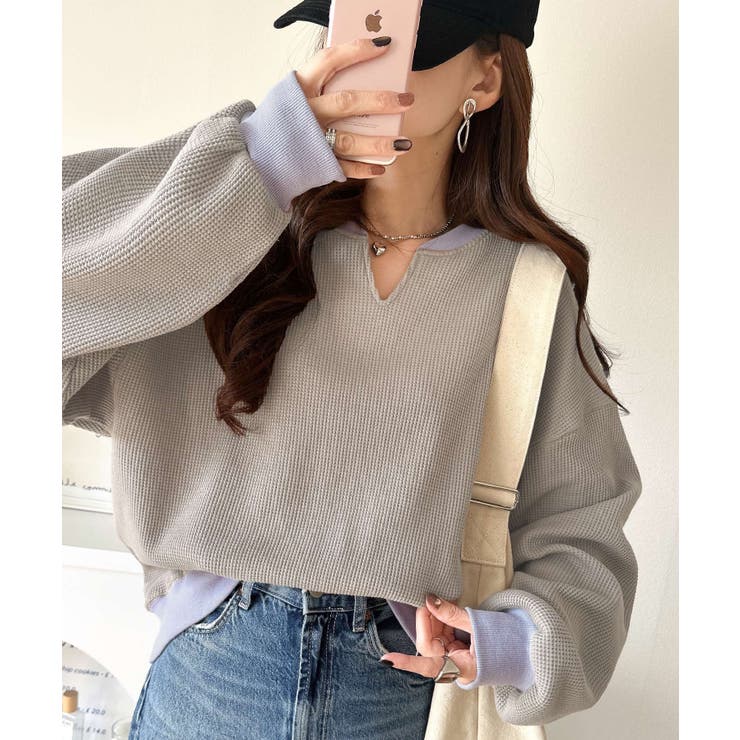 モカ | 今っぽさは、色でつくる。オーバーサイズ配色ワッフルプルオーバー | Classical Elf 