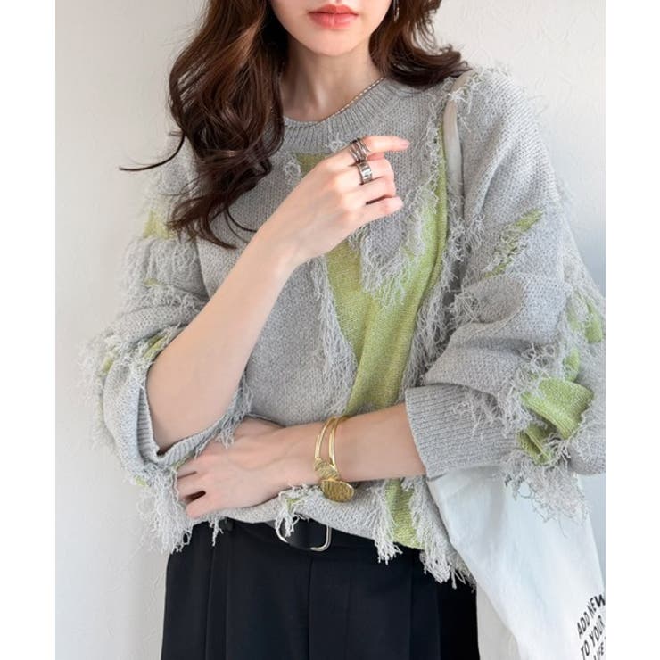 コーデの主役級！華やぐフリンジ配色ジャガードオーバーサイズスプリングニット（長袖… | Classical Elf  | 詳細画像14 