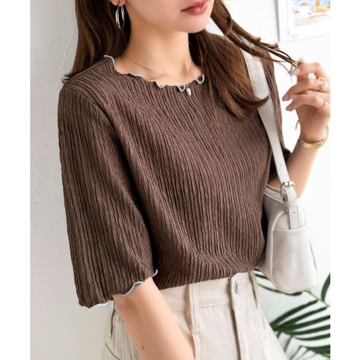ブラウン | さりげない配色メロウで1枚でお洒落映え。楊柳配色メロウトップス (半袖) | Classical Elf 