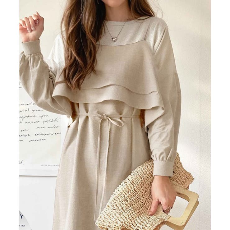 ベージュ | 上品シルエットが大人可愛い。ダブルフリルキャミワンピース（ロング丈） | Classical Elf 