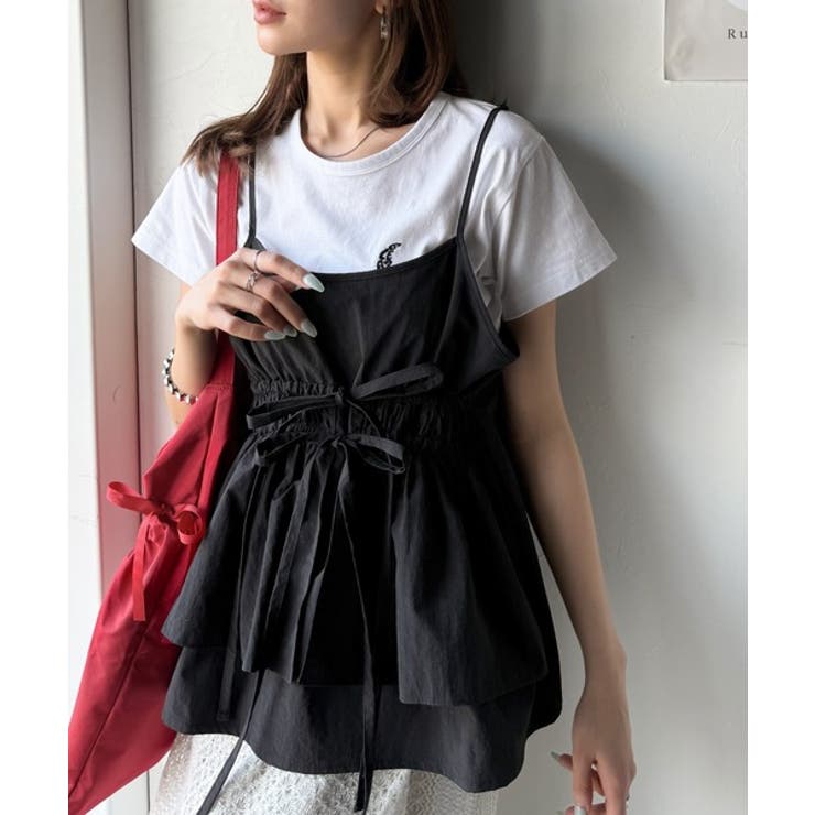 オフホワイト | 旬のレイヤードスタイルがこれ一着で即完成。ダブルリボン使いキャミ＆ムーン刺繍半袖… | Classical Elf 