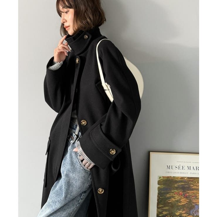 ブラック | ロング丈比翼ステンカラーコート | Classical Elf 