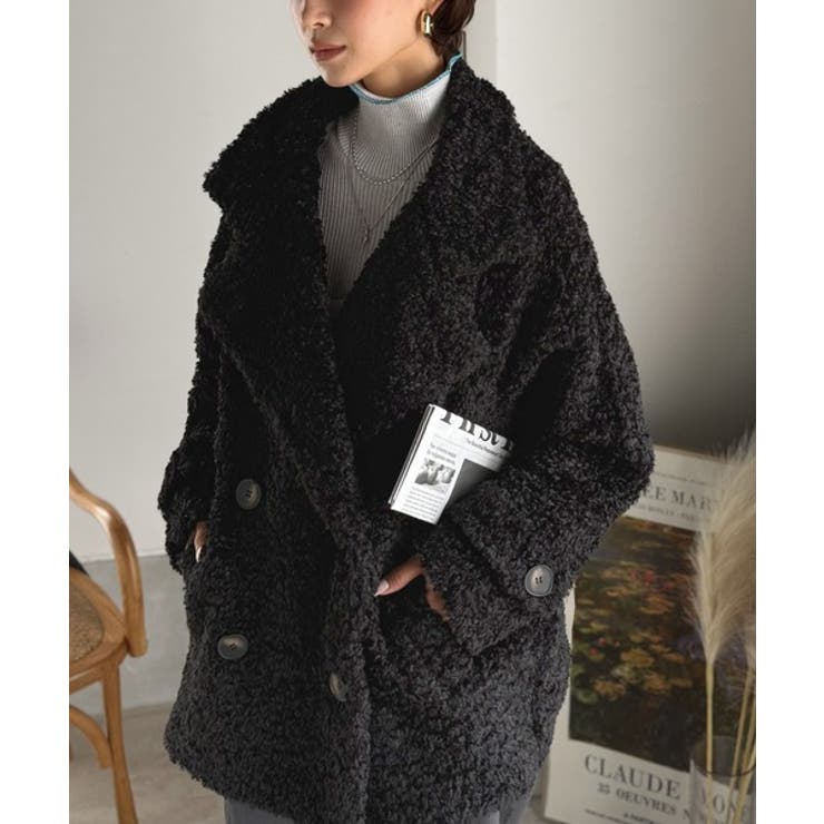 ブラック | ふんわり包まれる贅沢な季節感。スタンドカラープードルボアダブルコート | Classical Elf 