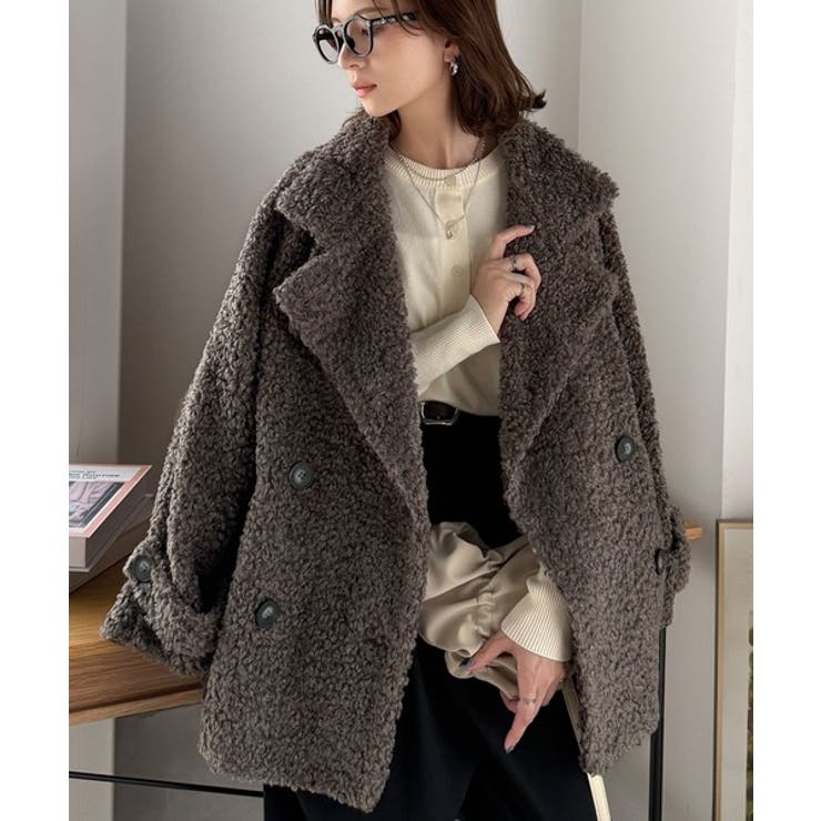 チャコール | ふんわり包まれる贅沢な季節感。スタンドカラープードルボアダブルコート | Classical Elf 