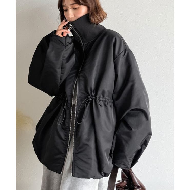 ブラック | 華奢見えボリュームアウター♪衿リブウエストドロストバルーンパディングコート | Classical Elf 