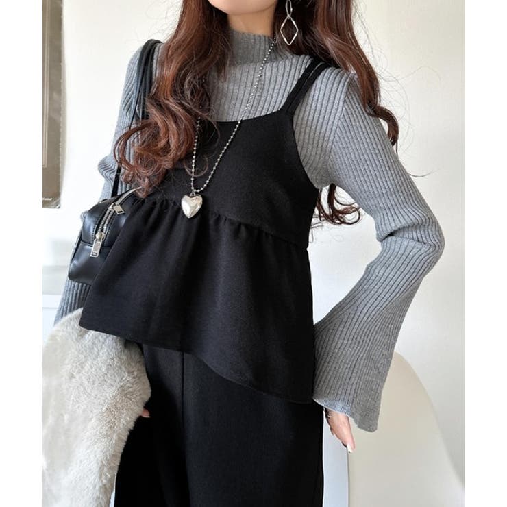 ブラック | 1枚で華奢見え華やか◎ダブルストラップペプラムサロペット | Classical Elf 