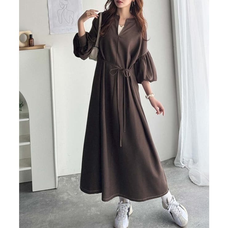 ぽわんとあざとく。ウエストリボン使い配色ステッチキーネックワンピース（長袖） | Classical Elf  | 詳細画像6 