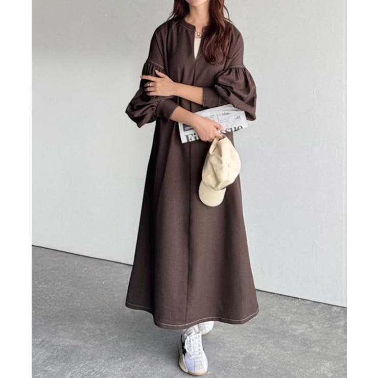 ぽわんとあざとく。ウエストリボン使い配色ステッチキーネックワンピース（長袖） | Classical Elf  | 詳細画像9 