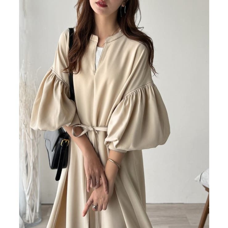 ぽわんとあざとく。ウエストリボン使い配色ステッチキーネックワンピース（長袖） | Classical Elf  | 詳細画像10 