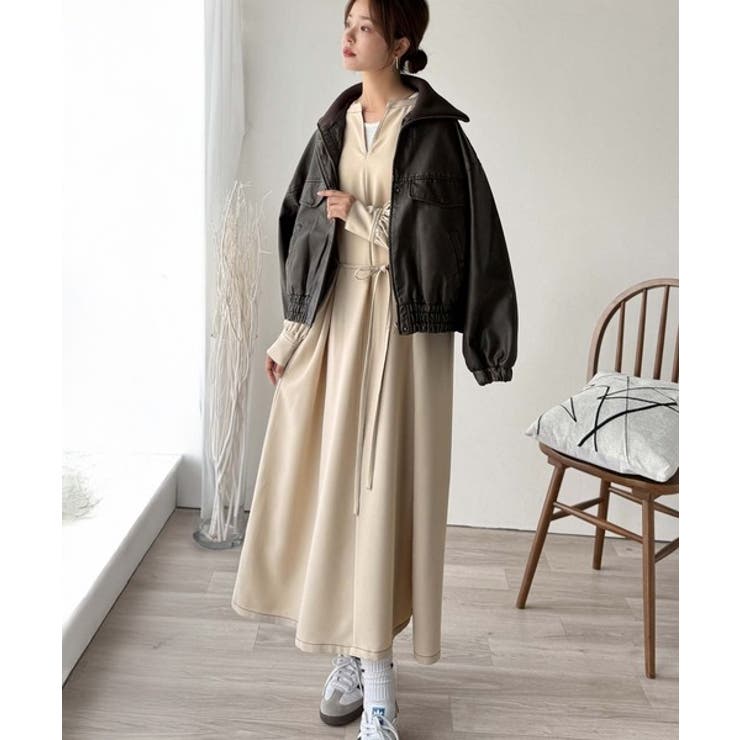 ぽわんとあざとく。ウエストリボン使い配色ステッチキーネックワンピース（長袖） | Classical Elf  | 詳細画像12 