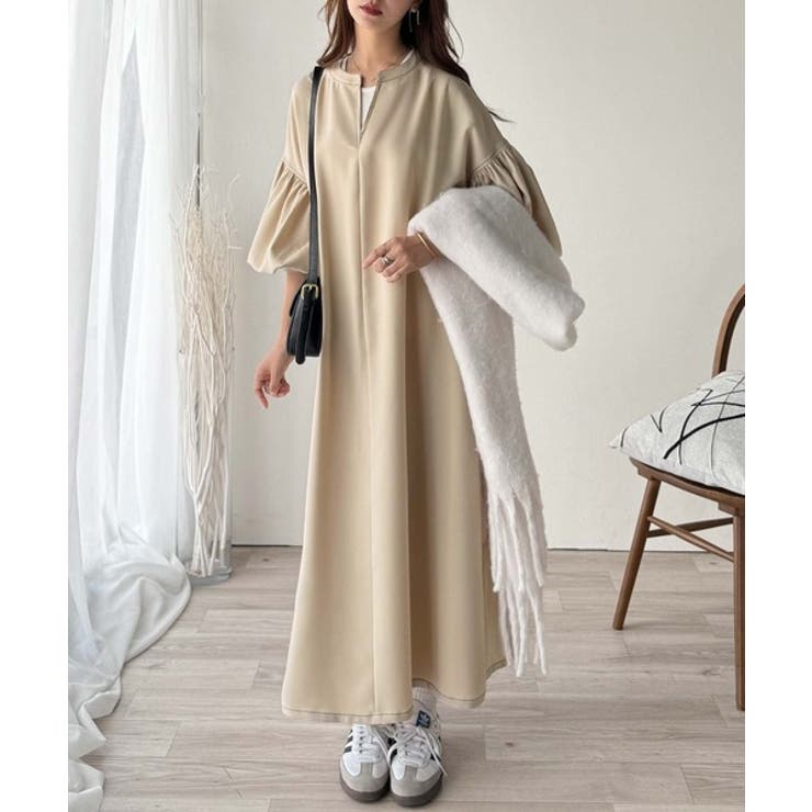 ぽわんとあざとく。ウエストリボン使い配色ステッチキーネックワンピース（長袖） | Classical Elf  | 詳細画像13 