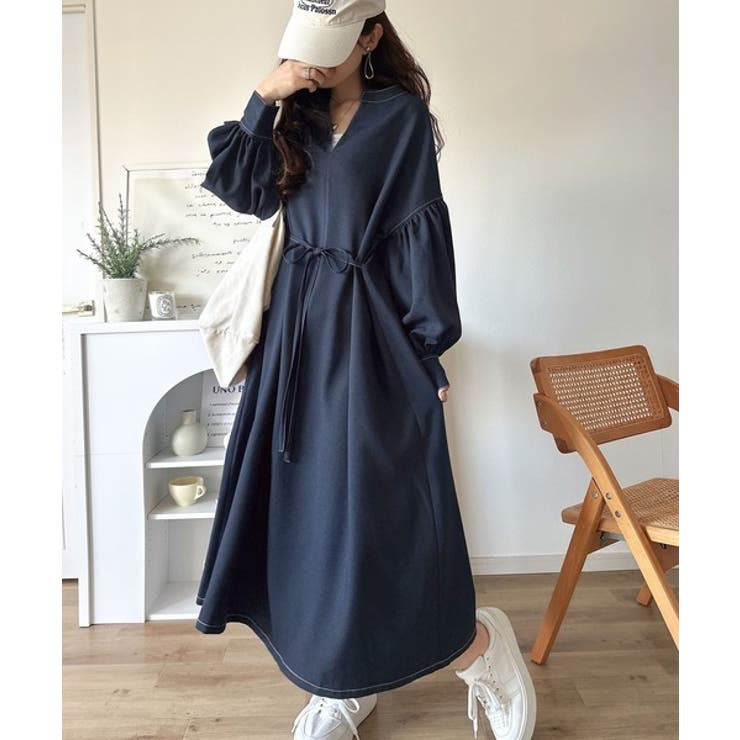 ぽわんとあざとく。ウエストリボン使い配色ステッチキーネックワンピース（長袖） | Classical Elf  | 詳細画像16 