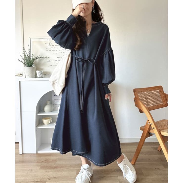 ぽわんとあざとく。ウエストリボン使い配色ステッチキーネックワンピース（長袖） | Classical Elf  | 詳細画像18 