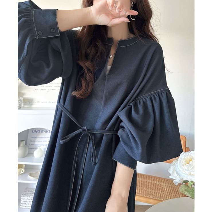 ぽわんとあざとく。ウエストリボン使い配色ステッチキーネックワンピース（長袖） | Classical Elf  | 詳細画像19 