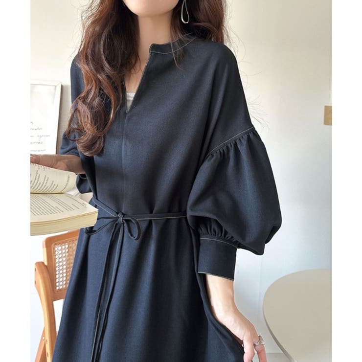 ぽわんとあざとく。ウエストリボン使い配色ステッチキーネックワンピース（長袖） | Classical Elf  | 詳細画像22 