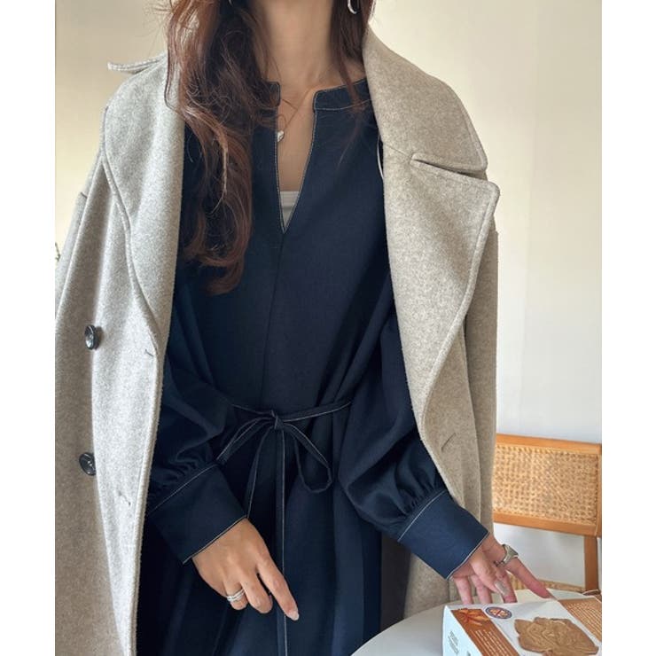 ぽわんとあざとく。ウエストリボン使い配色ステッチキーネックワンピース（長袖） | Classical Elf  | 詳細画像24 