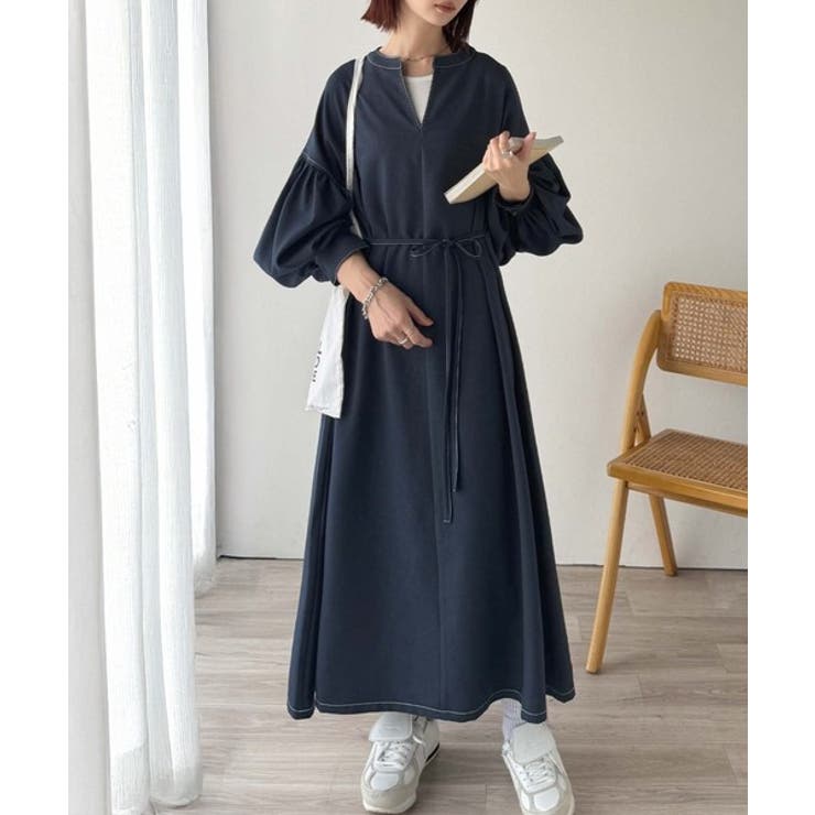 ぽわんとあざとく。ウエストリボン使い配色ステッチキーネックワンピース（長袖） | Classical Elf  | 詳細画像25 