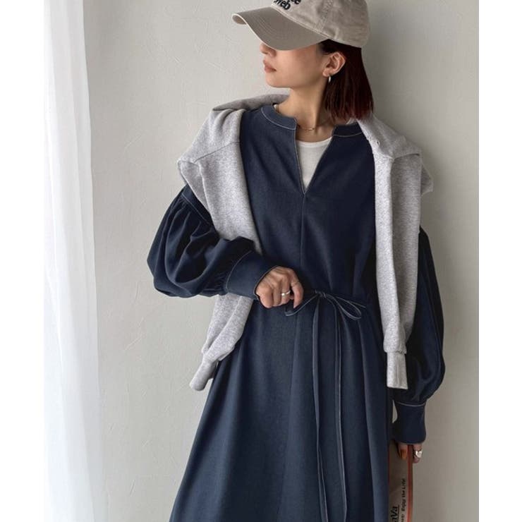 ぽわんとあざとく。ウエストリボン使い配色ステッチキーネックワンピース（長袖） | Classical Elf  | 詳細画像26 