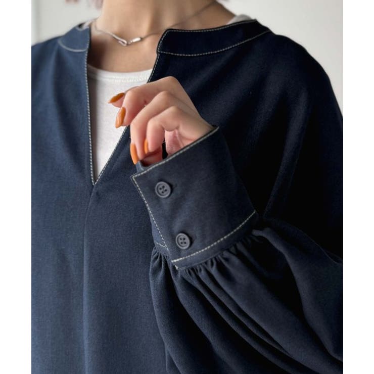 ぽわんとあざとく。ウエストリボン使い配色ステッチキーネックワンピース（長袖） | Classical Elf  | 詳細画像30 