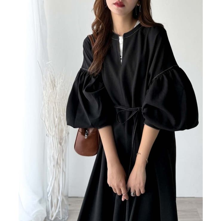 ぽわんとあざとく。ウエストリボン使い配色ステッチキーネックワンピース（長袖） | Classical Elf  | 詳細画像1 