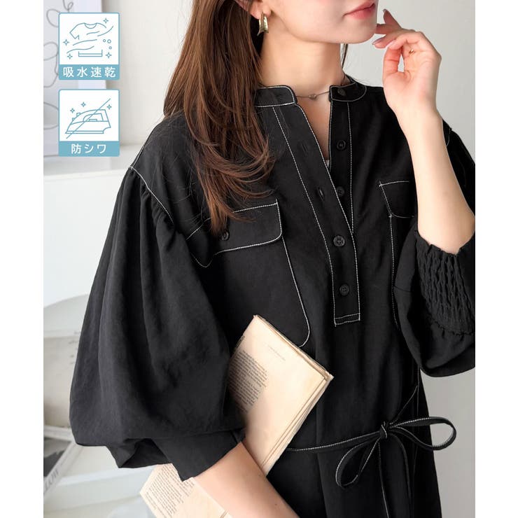 ブラック | 【防シワ機能付き】主役級！さらりと着られるシンプル派のためのノーカラー袖ボリュー… | Classical Elf 