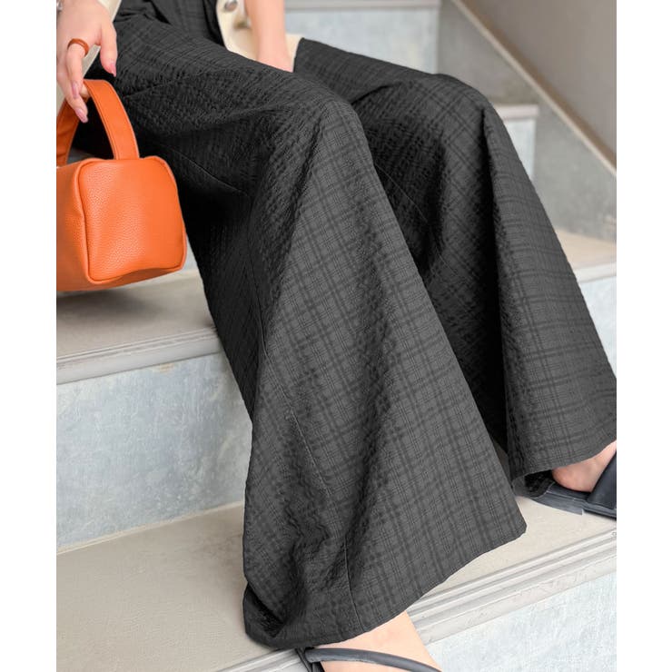 ブラック | 履くだけでお洒落見え。涼しげ素材で魅せる。サッカーチェックタックワイドパンツ | Classical Elf 