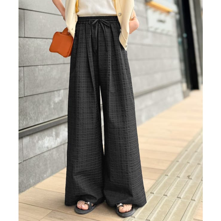 履くだけでお洒落見え。涼しげ素材で魅せる。サッカーチェックタックワイドパンツ | Classical Elf  | 詳細画像6 