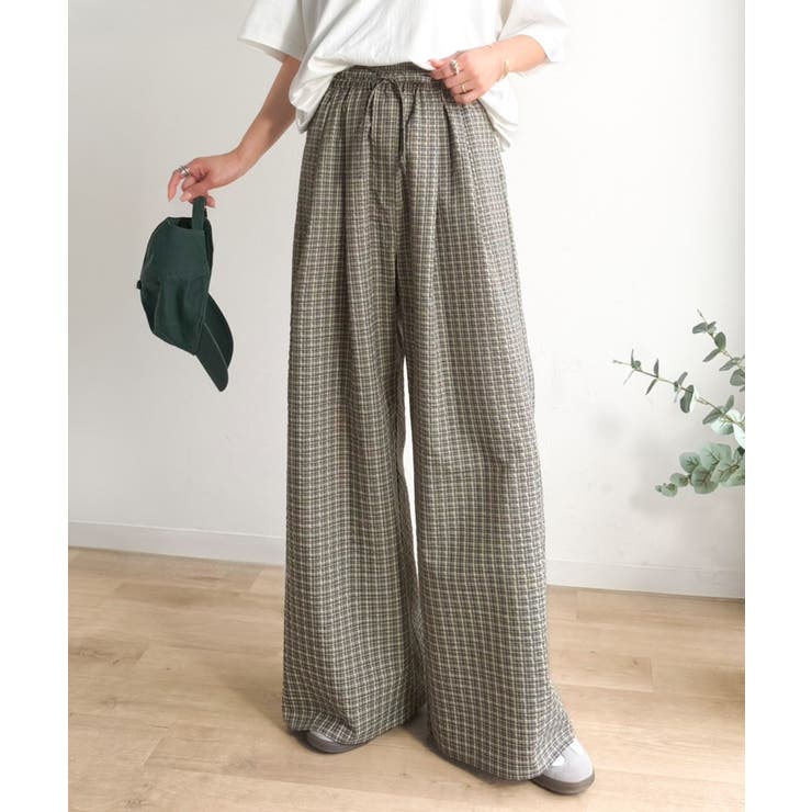 履くだけでお洒落見え。涼しげ素材で魅せる。サッカーチェックタックワイドパンツ | Classical Elf  | 詳細画像9 