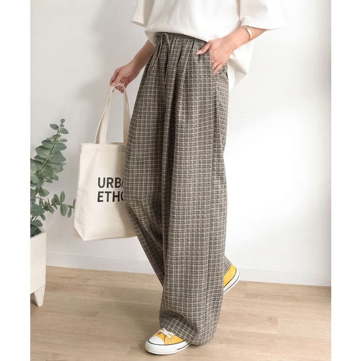 グリーンチェック | 履くだけでお洒落見え。涼しげ素材で魅せる。サッカーチェックタックワイドパンツ | Classical Elf 