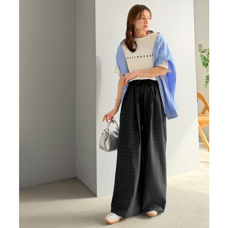 履くだけでお洒落見え。涼しげ素材で魅せる。サッカーチェックタックワイドパンツ | Classical Elf  | 詳細画像16 