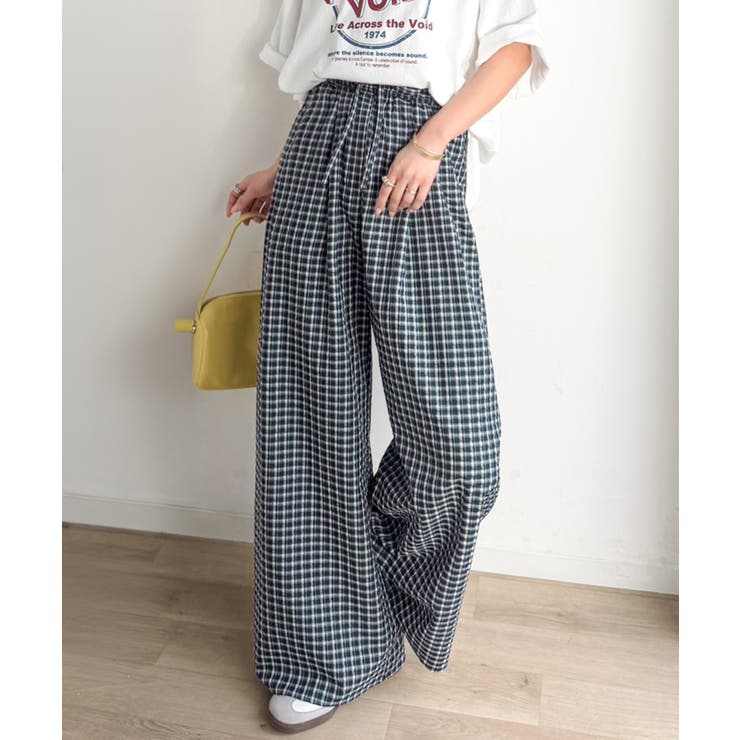 ブル―チェック | 履くだけでお洒落見え。涼しげ素材で魅せる。サッカーチェックタックワイドパンツ | Classical Elf 
