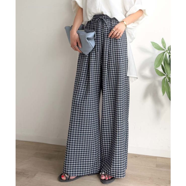 履くだけでお洒落見え。涼しげ素材で魅せる。サッカーチェックタックワイドパンツ | Classical Elf  | 詳細画像36 