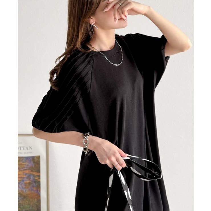 ブラック | 綿100% さらりと上品にきまる。袖タックラグラン半袖ワンピース（ロング丈） | Classical Elf 