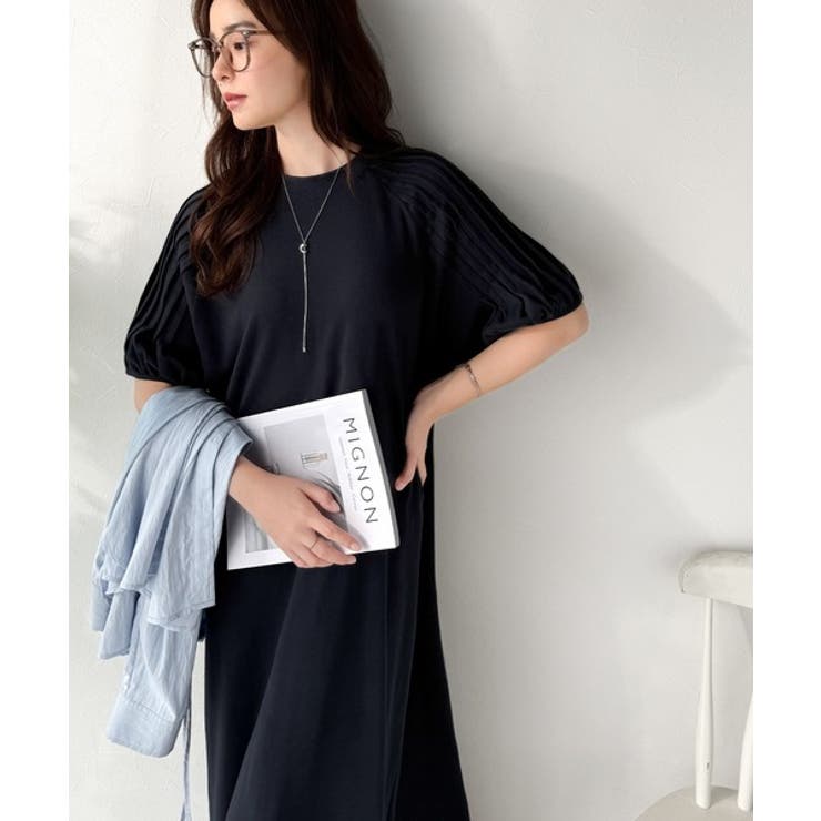 ネイビー | 綿100% さらりと上品にきまる。袖タックラグラン半袖ワンピース（ロング丈） | Classical Elf 