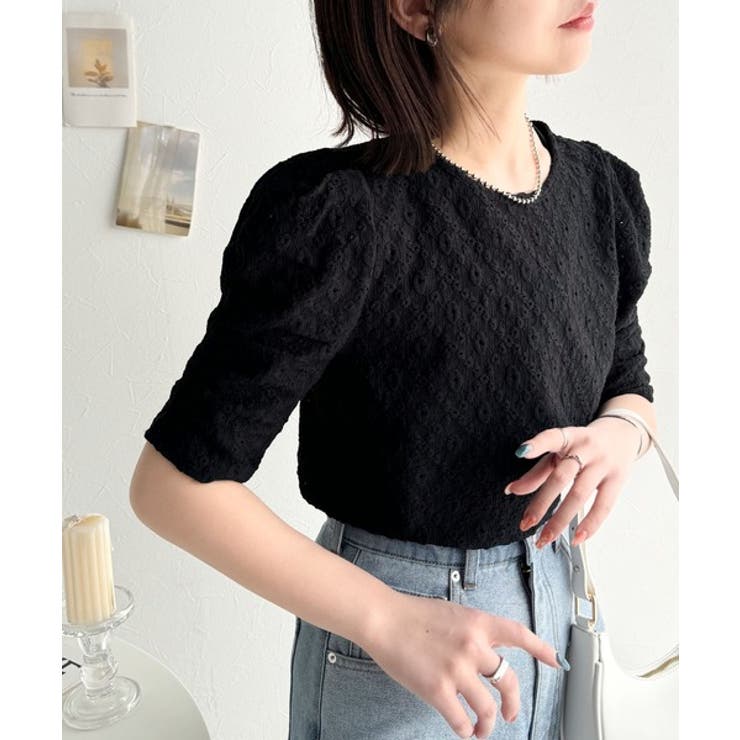 ブラック | 着るだけで華やかに。ふくれジャガード袖タックギャザープルオーバー（半袖） | Classical Elf 