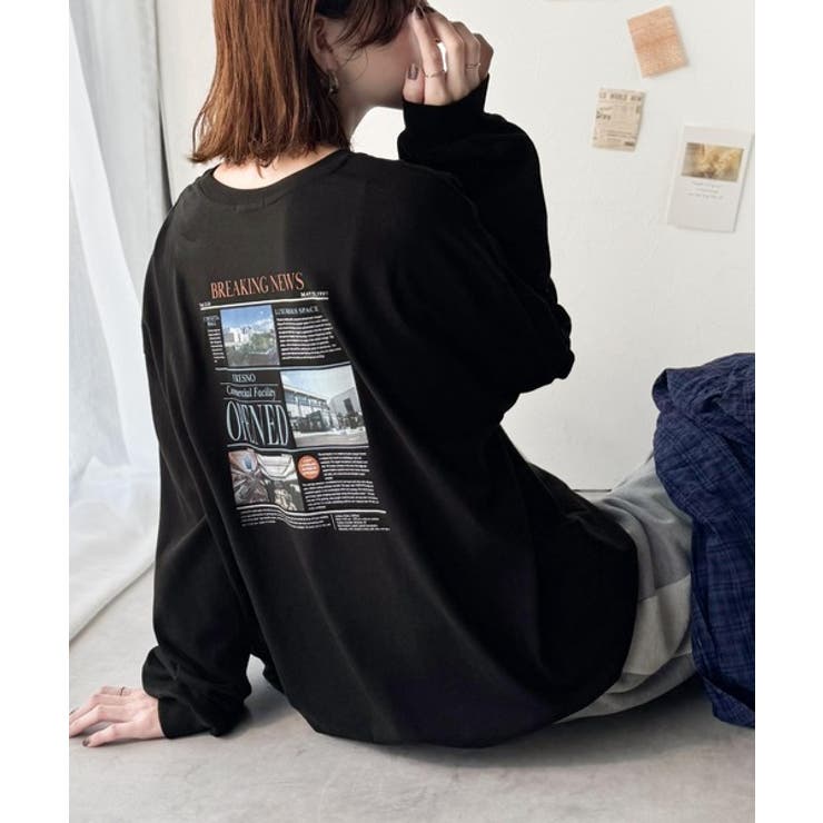 ブラック長袖 | 纏うだけで、洒落感アップデート◎綿100％ニュースペーパーロゴプリントオーバーサ… | Classical Elf 