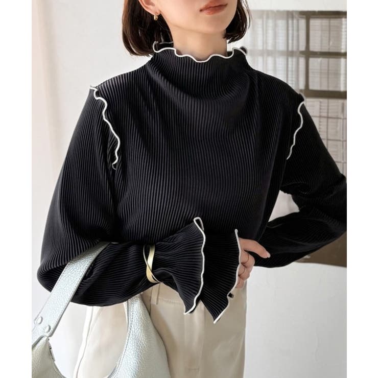 ブラック | 袖のニュアンスで魅せる♪前後2way袖フリル配色メロウプリーツトップス（長袖） | Classical Elf 