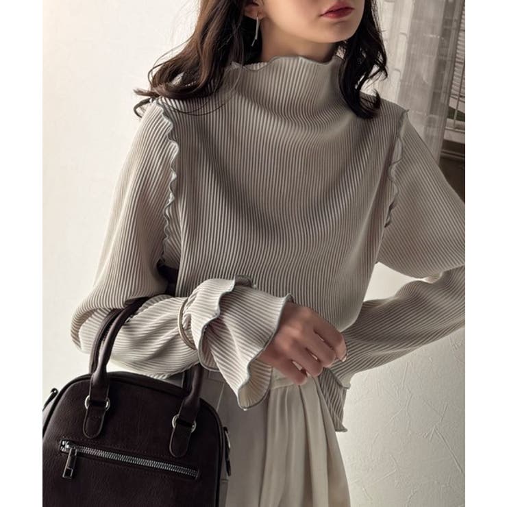 グレージュ | 袖のニュアンスで魅せる♪前後2way袖フリル配色メロウプリーツトップス（長袖） | Classical Elf 