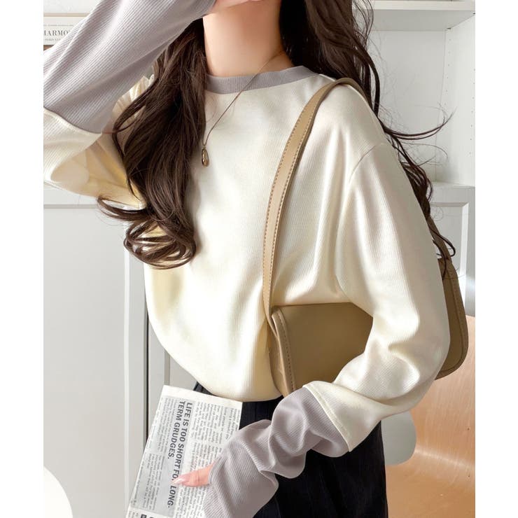 アイボリー | レイヤード見えで仕上げる、きれいめモード。指穴（サムホール）付き袖配色切り替えテ… | Classical Elf 