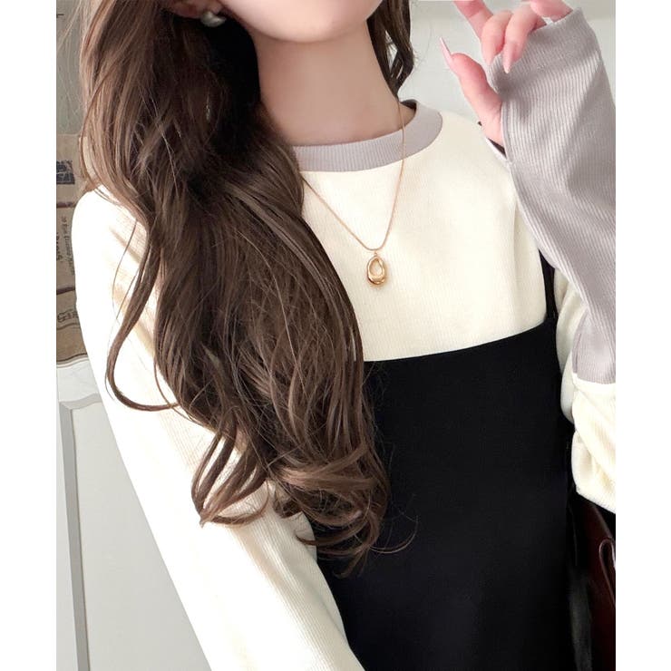 レイヤード見えで仕上げる、きれいめモード。指穴（サムホール）付き袖配色切り替えテ… | Classical Elf  | 詳細画像7 