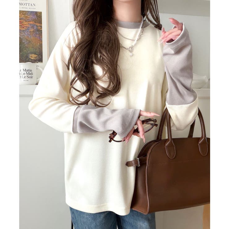 レイヤード見えで仕上げる、きれいめモード。指穴（サムホール）付き袖配色切り替えテ… | Classical Elf  | 詳細画像8 